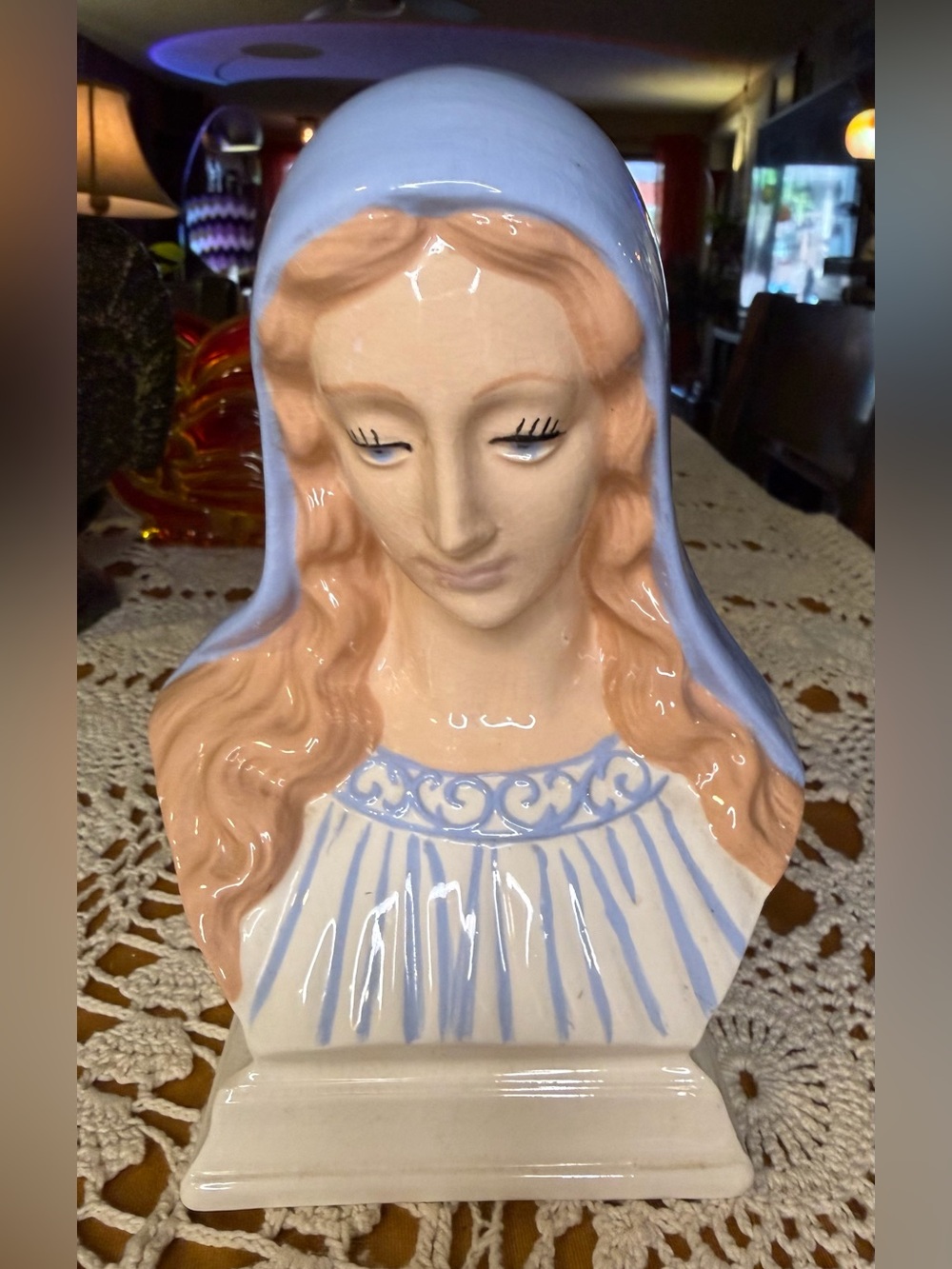 Vintage Mid-Century Holland Mold Ceramic Virgin Mary Bust Hand-Painted Signed